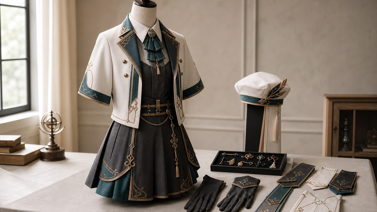 一套无具体角色 IP 的原创多层 Cos 服与帽子、手套、饰片和小配件完整陈列。