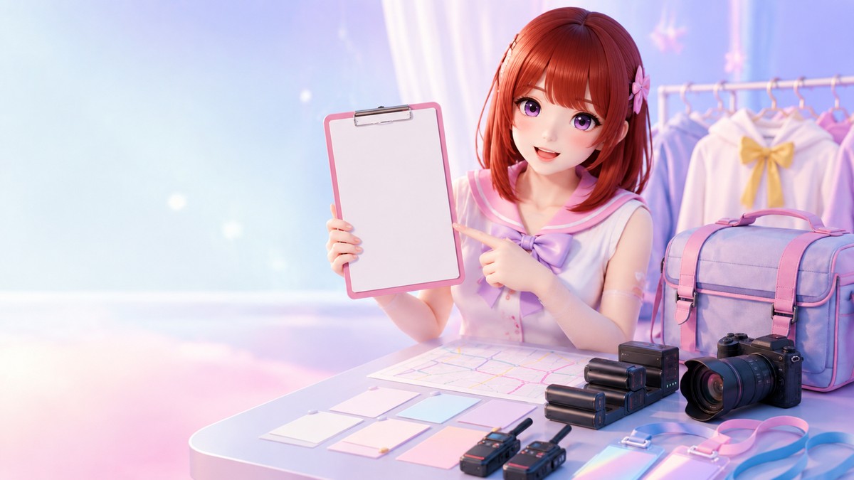 圈层协作入口的原创 animegao/Kig 后勤角色，手持空白流程板并展示相机电池和后台物料