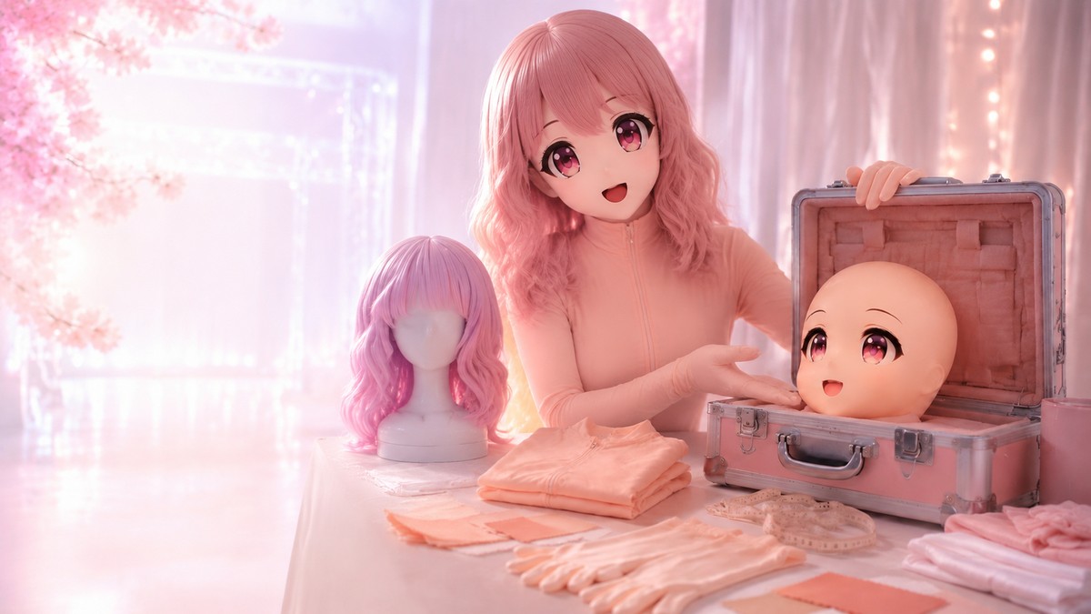 animegao 圈层入口的原创 Kig 角色，展示头壳收纳箱、Kig 打底样件、假发架和维护道具