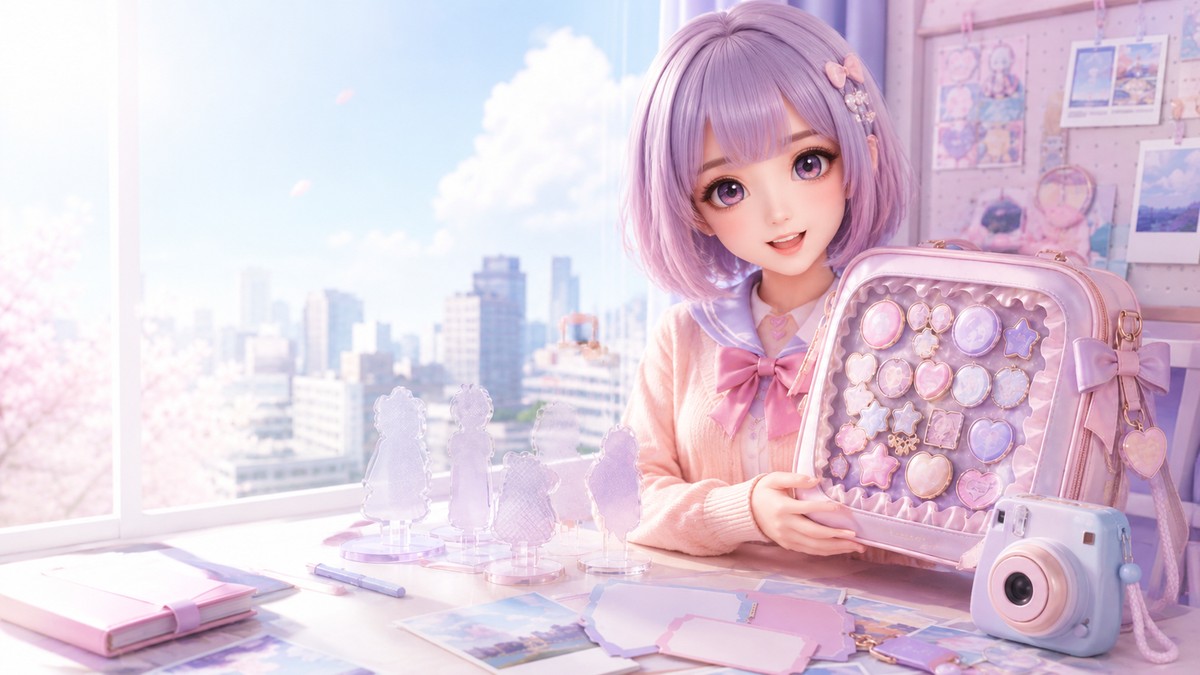 泛二次元圈层入口的原创 animegao/Kig 展示角色，手持痛包并展示相机、手账和收藏小物