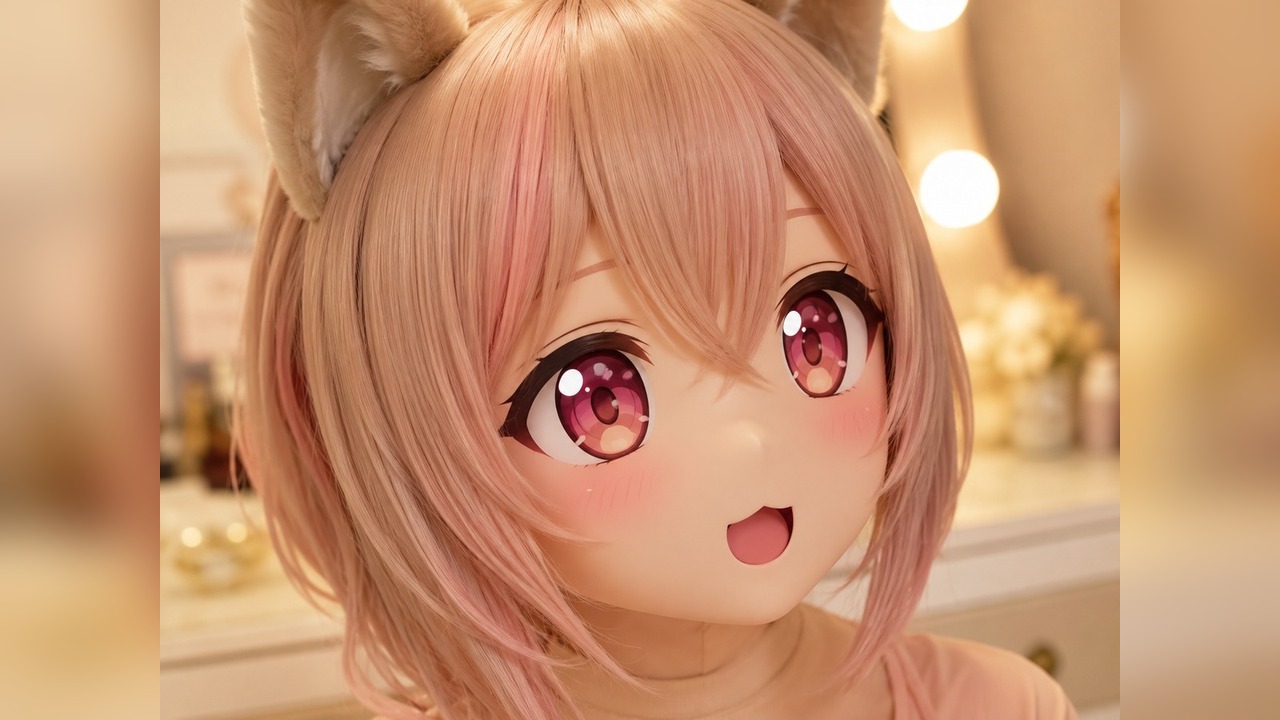 圆润 animegao 头壳上稳定闭嘴表情、眼片、腮红和柔和妆面的近景。
