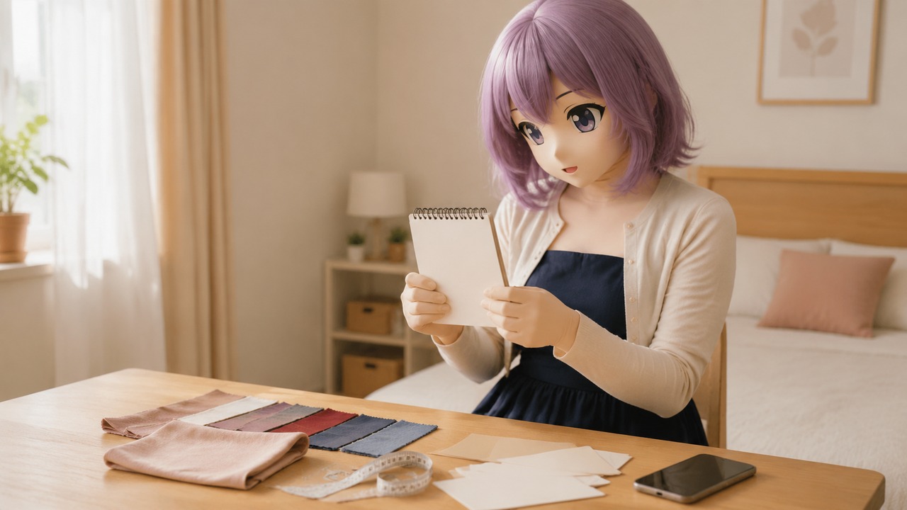 生成方法示意图，不对应具体店铺订单：Kig/animegao 入门规划场景，奶油色卧室里有空白规划本、打底皮样布、肤色色卡、软尺、手机和记录卡