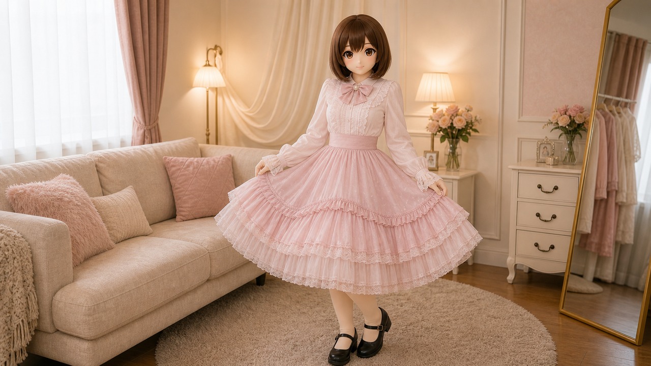 暖奶油卧室里穿粉色 Lolita 蓬裙的原创 Kig/animegao 扮演者,柔和裙摆、长袖袖口和闭口鞋一起控制手脚端点暴露。