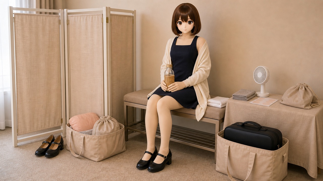 暖奶油活动维护角里,原创 Kig 娃娃坐在隐私屏旁,旁边有补水瓶、小风扇、头壳软包和收纳袋。
