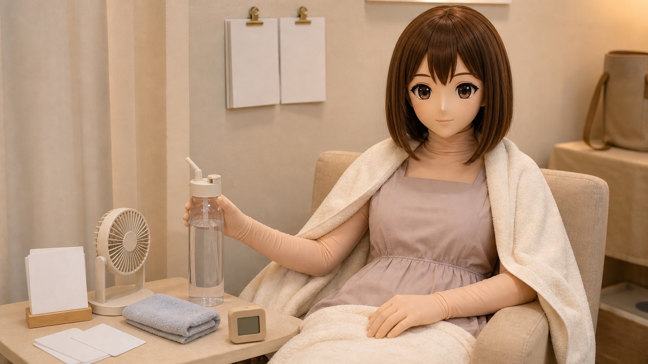 暖奶油活动休息角里,原创 Kig 娃娃披着毛巾坐在扶手椅上,旁边有吸管水瓶、小风扇、毛巾和空白记录卡。