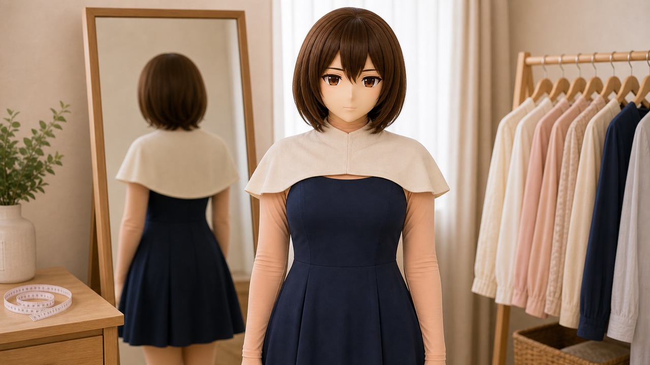 Kig/animegao 肩颈比例示意,展示头壳下缘、独立脖颈、领口和发尾的承接关系。
