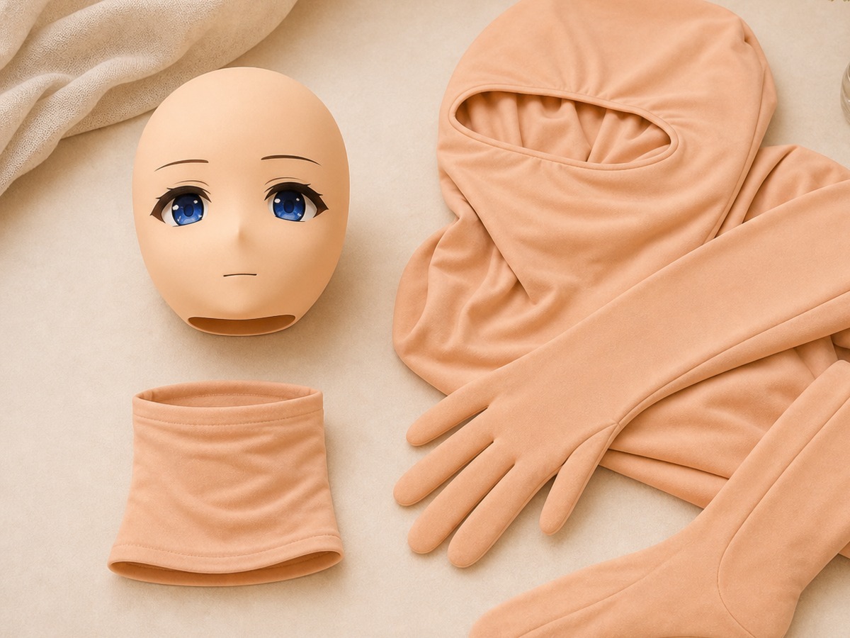 平铺展示 animegao 硬质头壳下壳边、独立 hadatai 颈部覆盖和带连手线索的折叠完整 Kig 皮