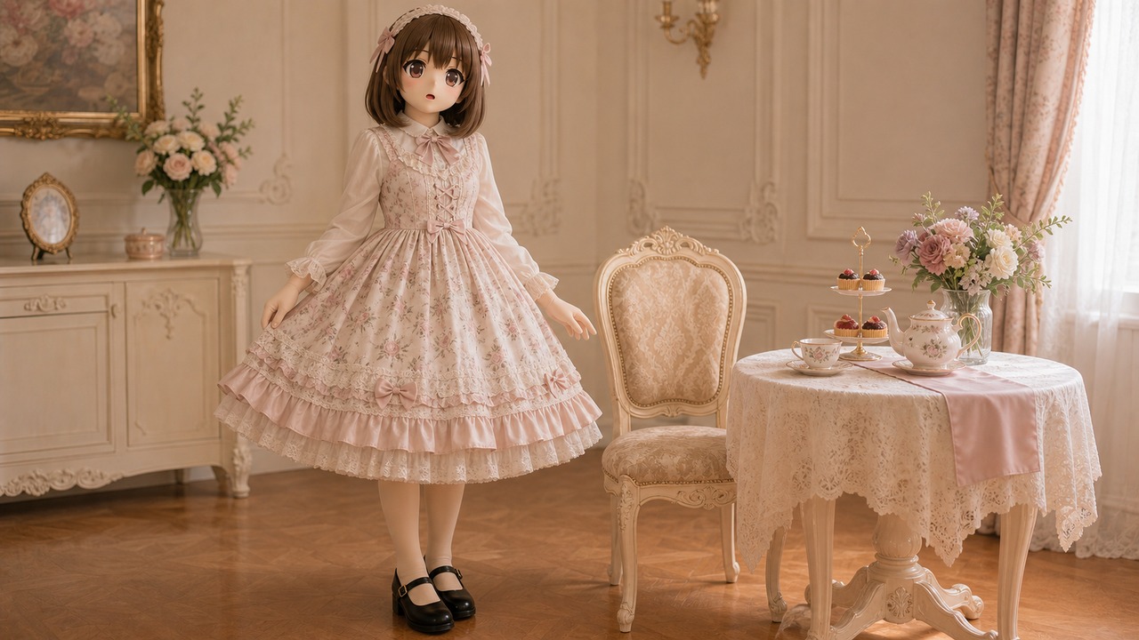原创 Kig 娃娃穿奶油色 Lolita 蓬裙站在茶桌旁,展示裙撑体量、椅子距离和圆头鞋。