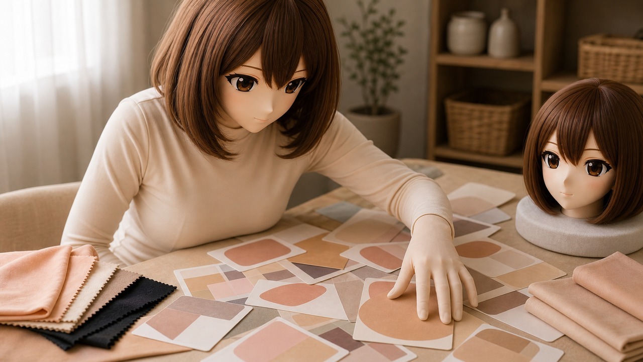 生成方法示意:暖奶油桌面上的 animegao 头壳、透明收纳包里的 hadatai、虚构主商品卡、SKU/规格项卡和补差卡,用来解释定制订单结构。