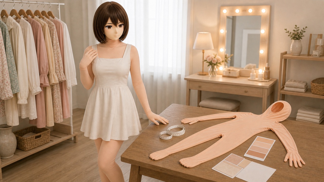 原创 animegao 角色、桌面平铺 Kig 皮和色卡同框,用于提示头壳下缘、脖颈、衣领和手臂端点的检查关系