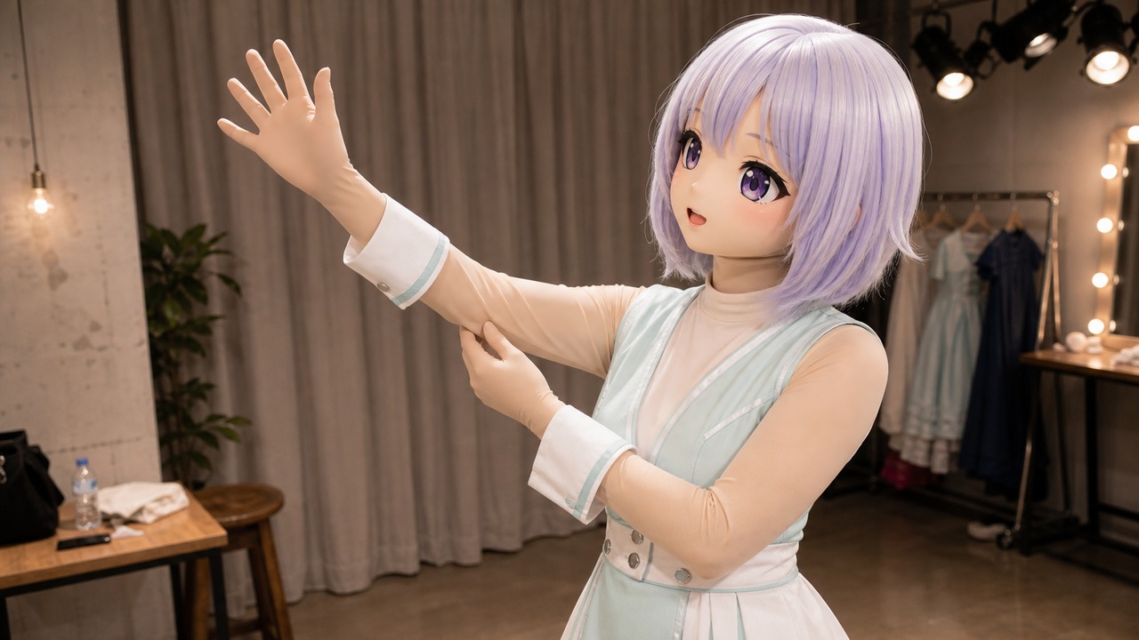 舞台灯光下原创 Kig/animegao 扮演者做抬手动作测试,展示肩肘、手腕和服装边缘的活动范围。