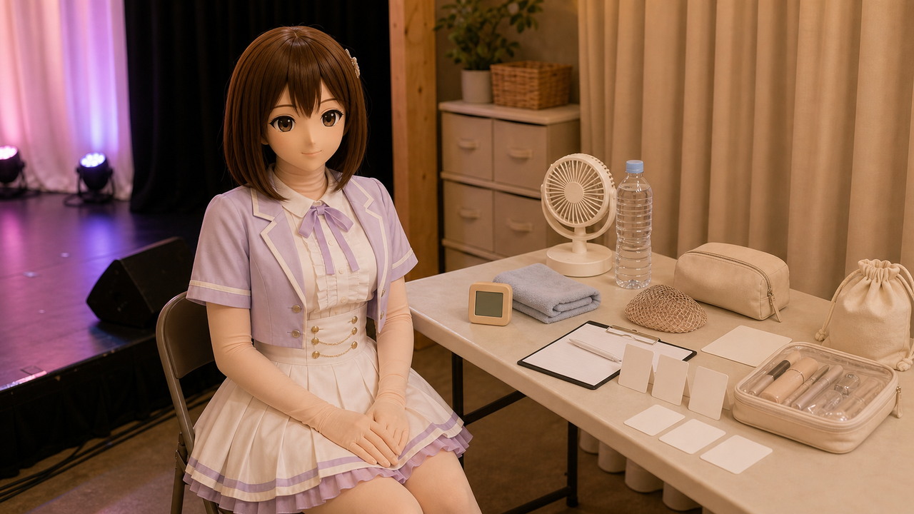 原创 Kig 娃娃在后台休息区坐下，旁边后勤准备小风扇和水瓶，展示演出后的补水和降温安排。