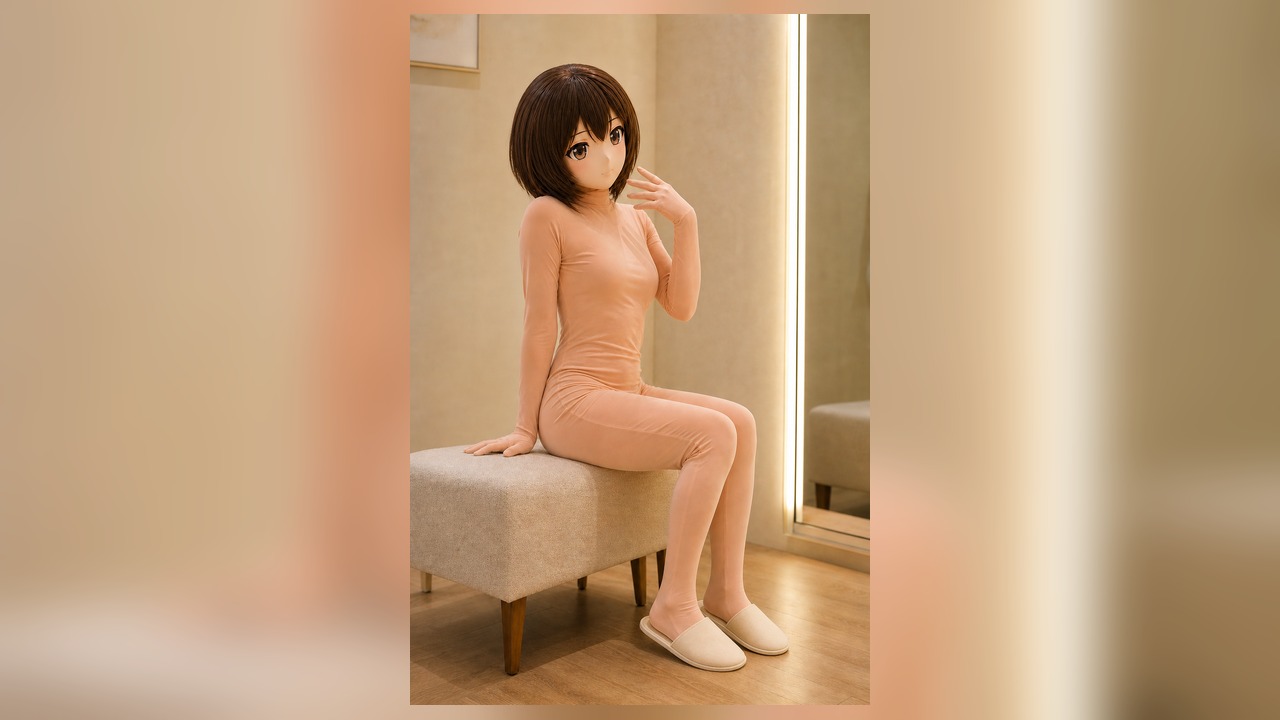 大牌杂志摄影棚里的 Kig/animegao 角色身体语言专题，多个原创角色姿态在纸质拱门和柔光中形成软萌、元气和冷感的造型节奏