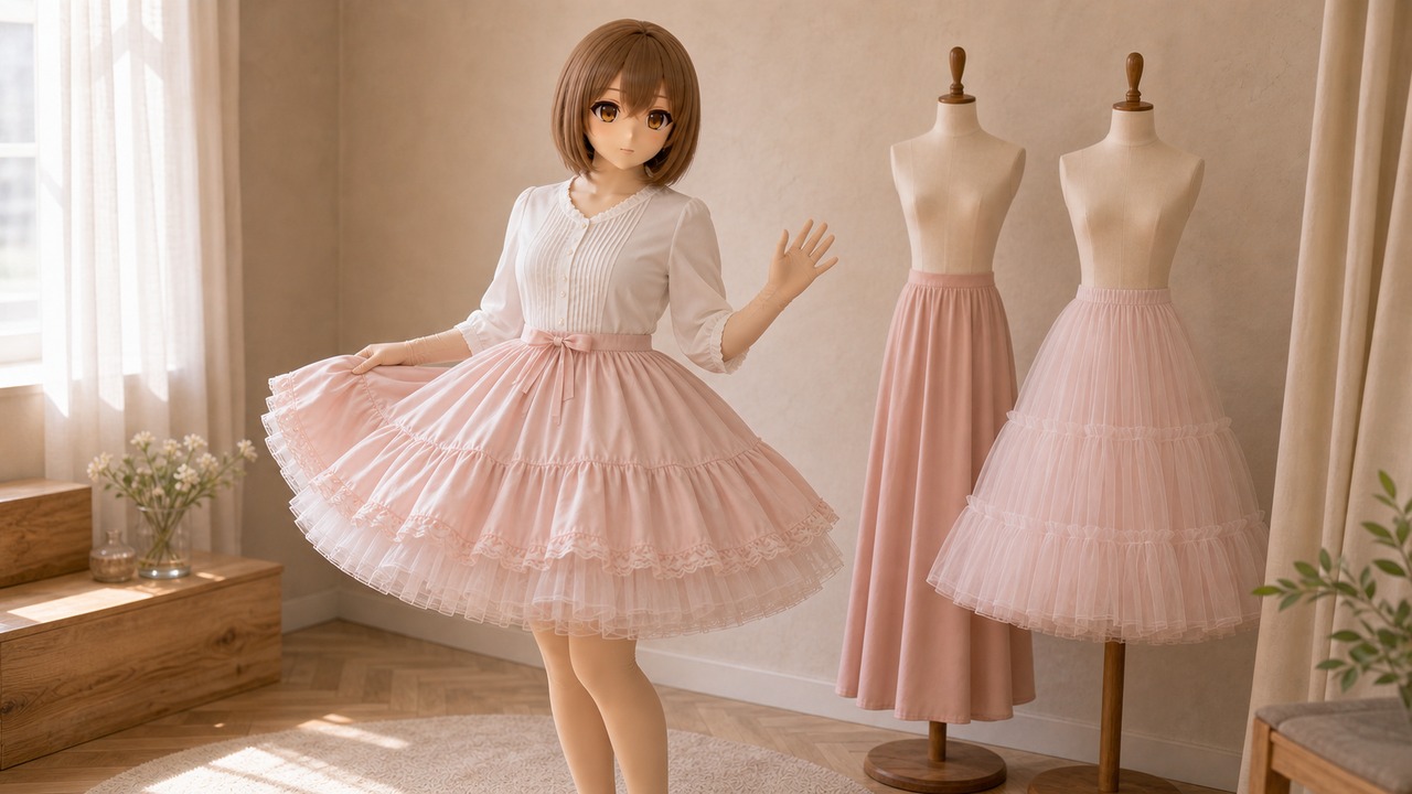 高定造型间里摆放 animegao 头壳、栗色假发、Kig 皮样布、蓬裙、外套和比例卡,呈现 Kig 服装体量规划。