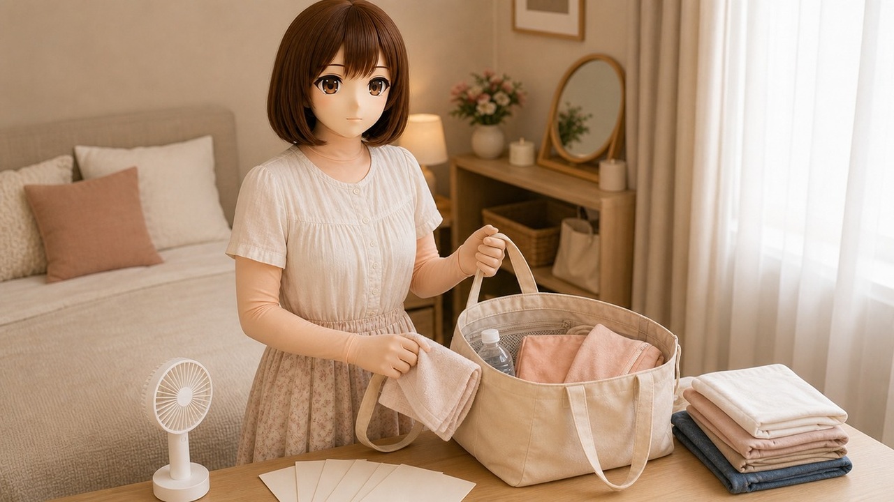 暖奶油活动前夜打包桌上摆放 animegao 头壳、栗色假发、Kig 皮、补水瓶、小风扇、修整包和收纳袋。