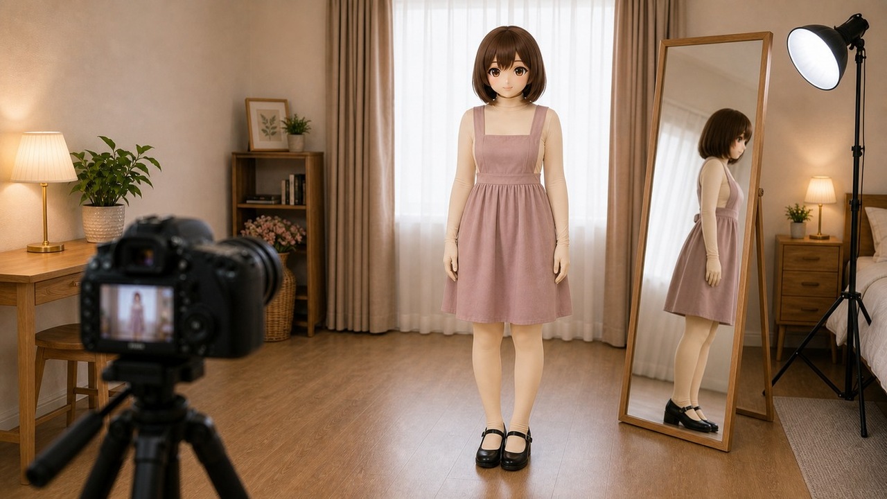 高定比例编辑台上摆放 animegao 头壳、栗色假发、Kig 皮样布、服装体量样本和抽象镜头距离卡。