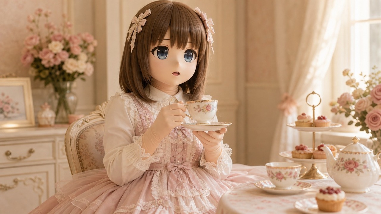 暖奶油茶会造型编辑台上摆放 animegao 头壳、栗色假发、Lolita 蓬裙、Kig 皮手脚端点、茶具和坐姿规划卡。