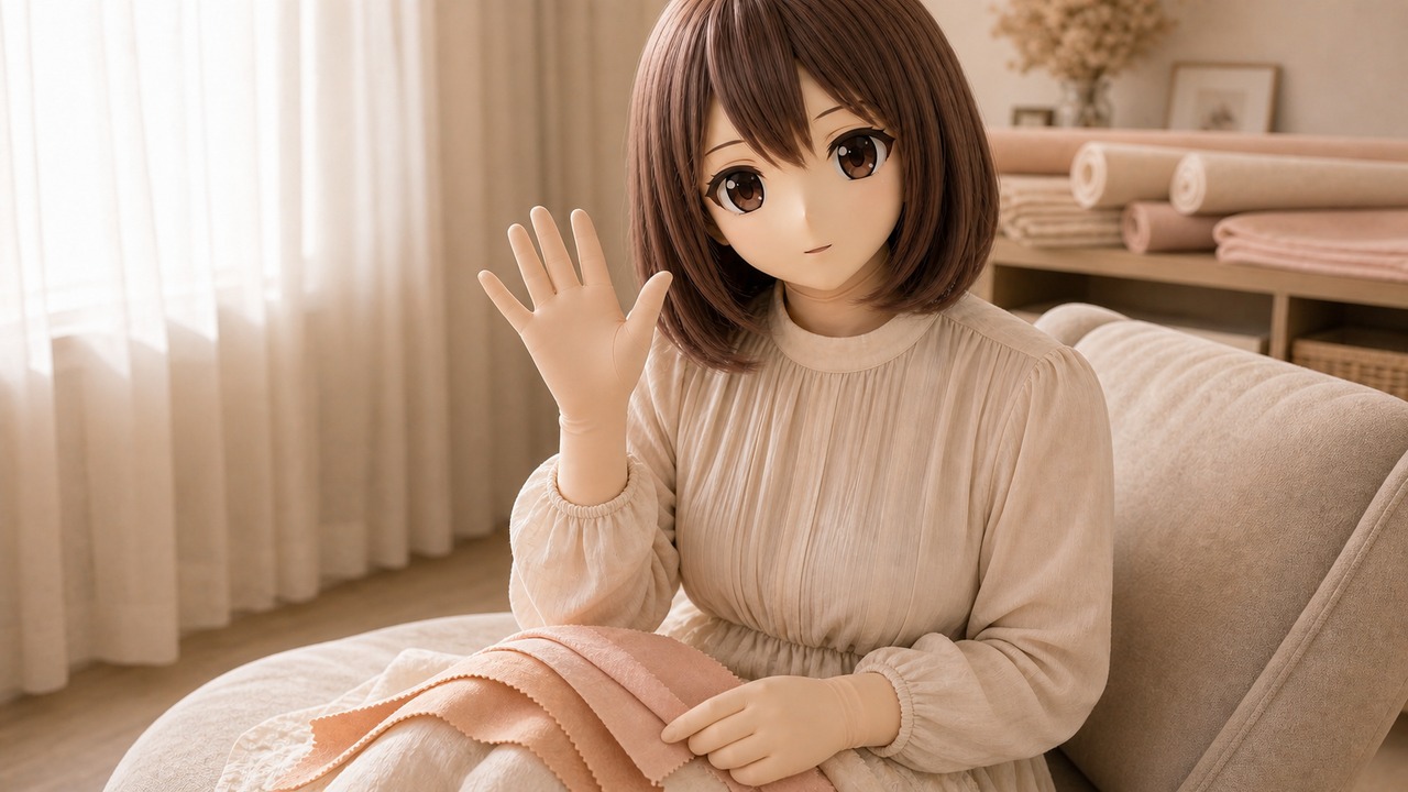 象牙白时尚工作室里的 Kig 肤色匹配专题画面，头壳、独立脖颈布料、暖桃色卡和自然光室内光样本组成色彩杂志封面