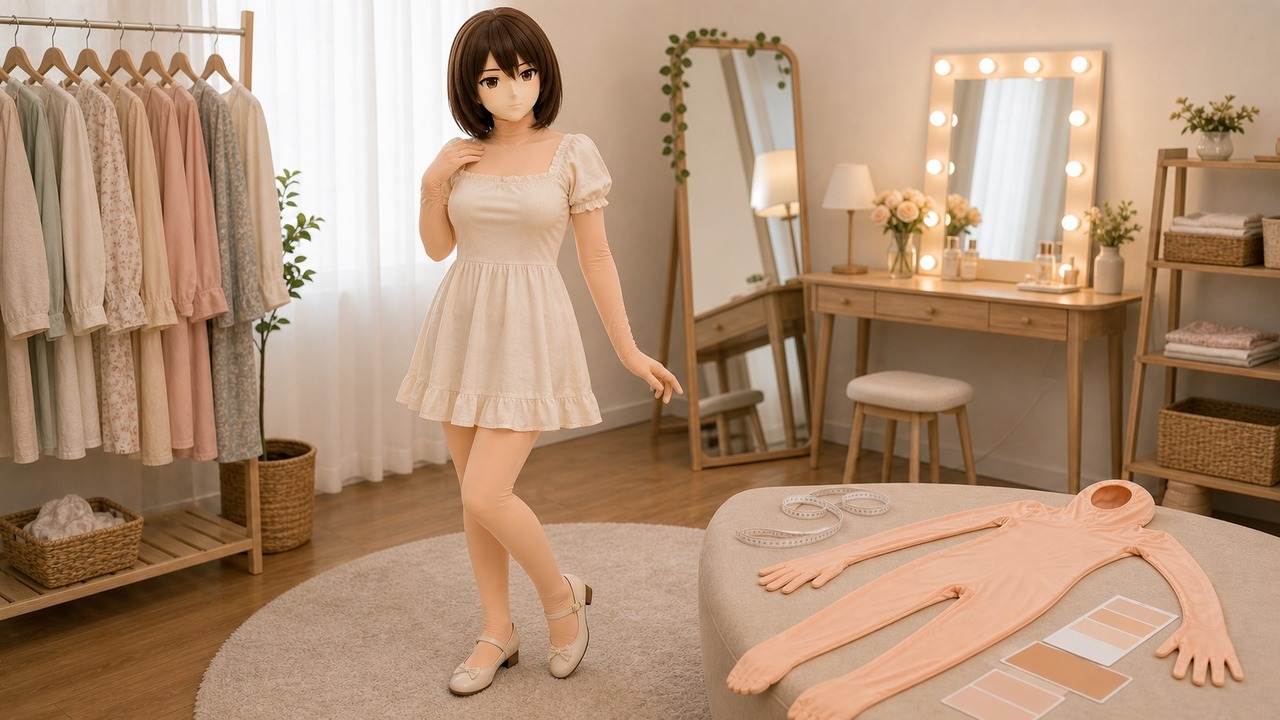 原创 animegao 角色站在梳妆间旁，桌面平铺暖桃色 Kig 皮、色卡和记录卡，用于说明入门前的露肤与预算场景规划