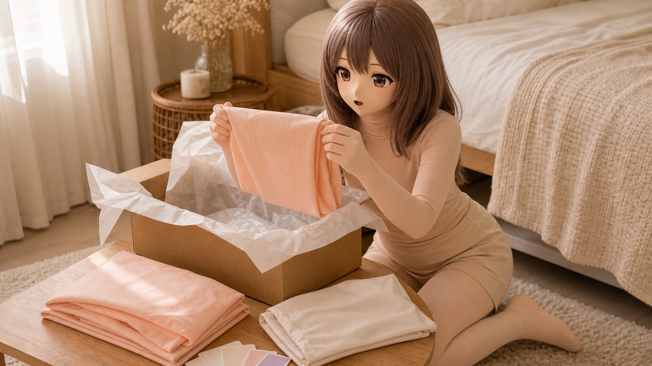 原创示意的 Kig 皮开箱验收桌面，打开的档案盒、暖桃色 hadatai 布料、五指布手、五趾脚、头壳和放大镜组成时尚编辑读片桌；非平台截图、非店铺实物或买家返图