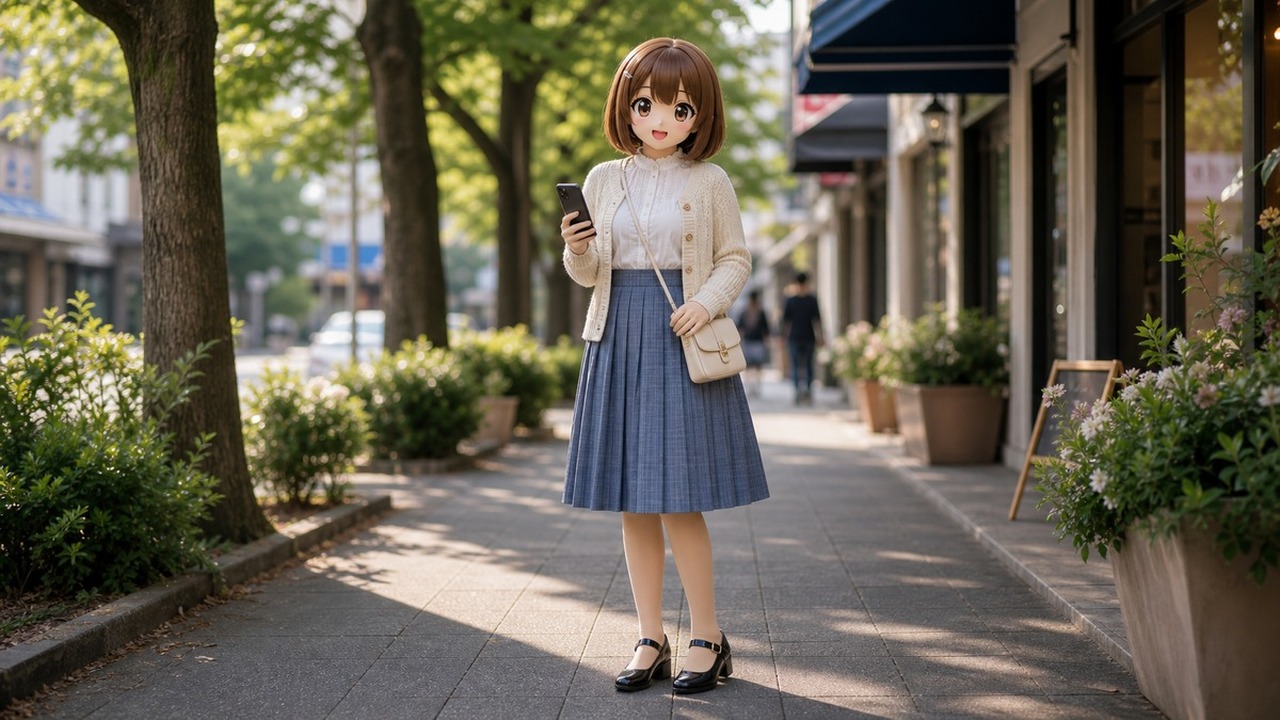 安静城市街角的造型台上摆放 animegao 头壳、Kig 皮、舒适鞋、五指布手手机、相机、规划页和补水瓶。