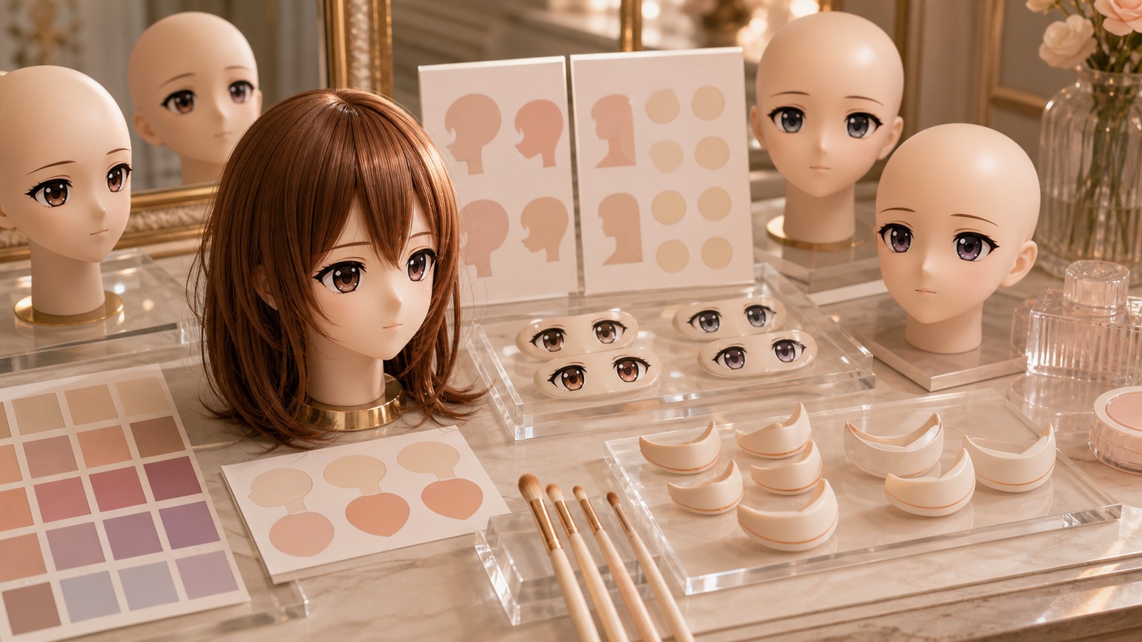 高级美妆与工业设计台上摆放多个安静闭嘴 animegao 头壳、眼片、妆面色块、假发纤维和曲面样本。