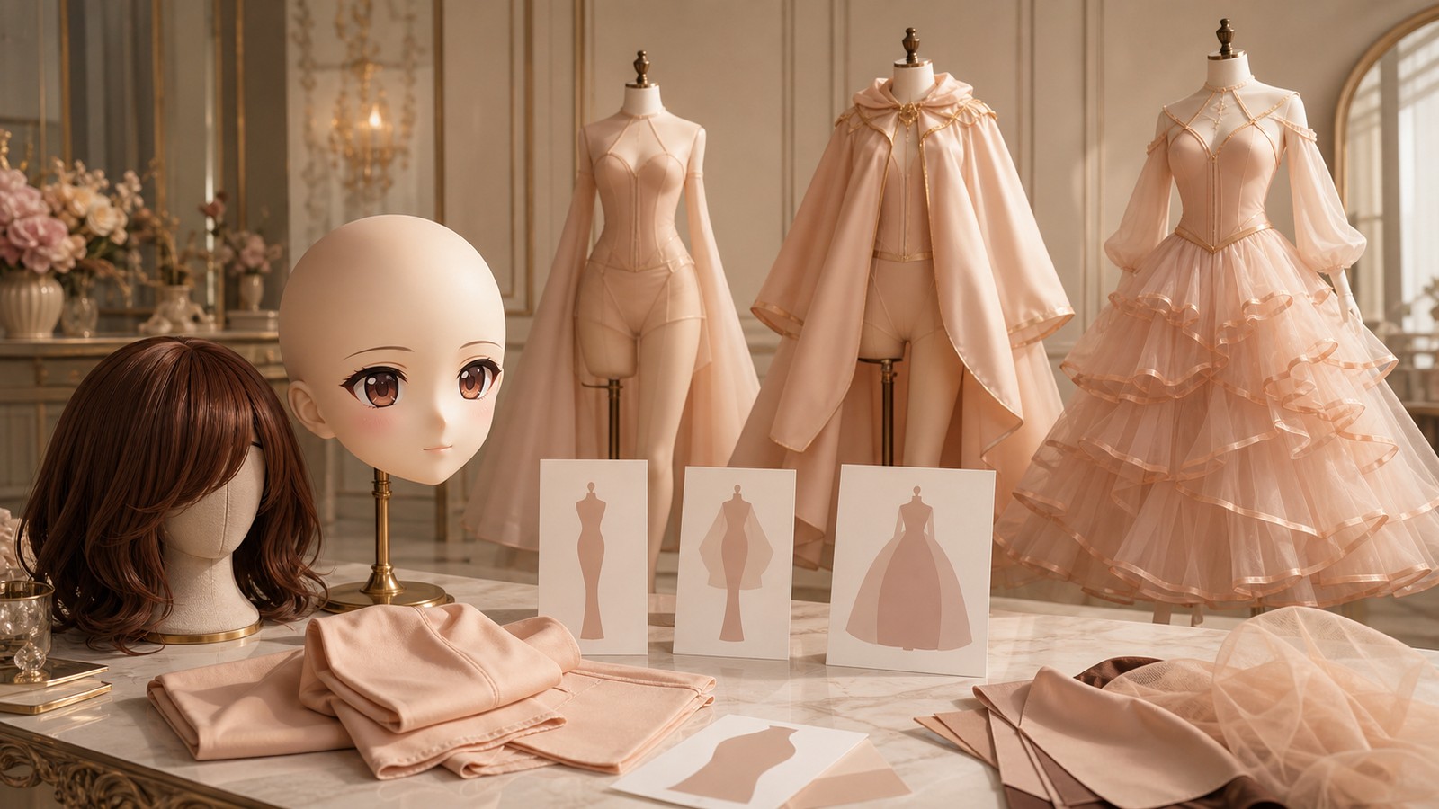 高定造型间里摆放 animegao 头壳、栗色假发、Kig 皮样布、蓬裙、外套和比例卡,呈现 Kig 服装体量规划。