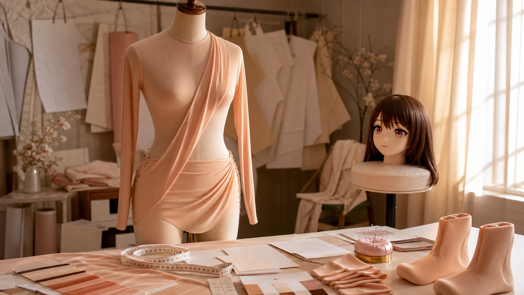 暖奶油高定工作室里的 Kig 皮量体主题静物,软尺、肤色布样、头壳、五指布手、五趾脚和空白量体卡组成后台仪式感画面
