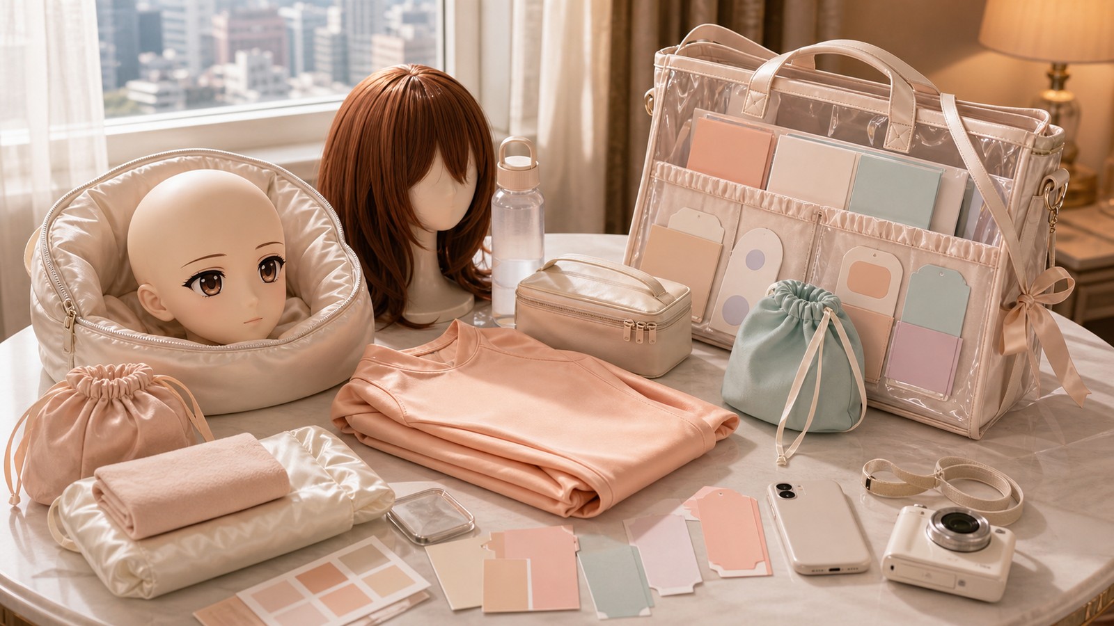 精品酒店打包桌上摆放 animegao 头壳保护包、Kig 皮、匿名推包、无字票卡、相机、补水瓶和收纳袋。