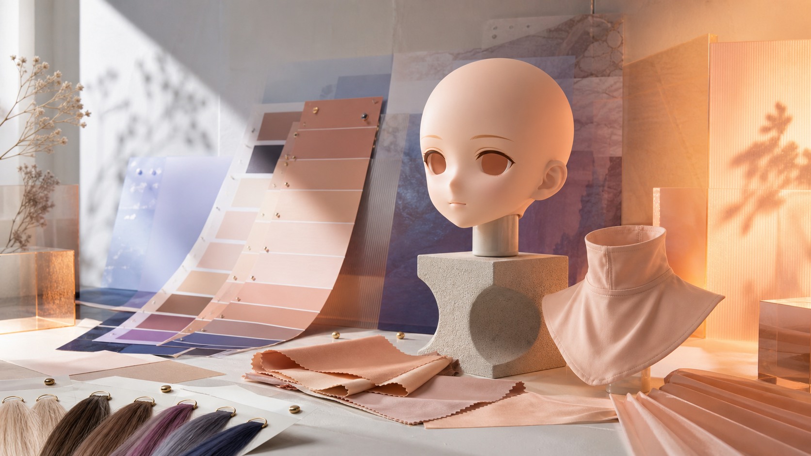 象牙白时尚工作室里的 Kig 肤色匹配专题画面,头壳、独立脖颈布料、暖桃色卡和自然光室内光样本组成色彩杂志封面
