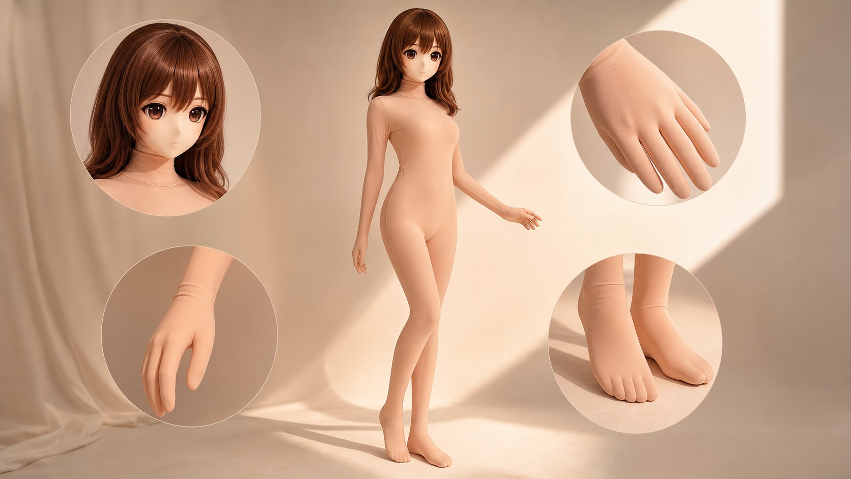 原创 Kig/animegao 连续性概念示意,硬质头壳、hadatai 脖颈、五指布手和五趾袜脚以同色哑光基底连接