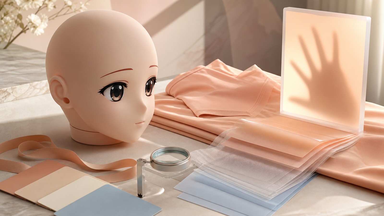 暖奶油时装编辑台上的 animegao 头壳、暖桃色 Kig 皮样布、透度灯板、色卡和放大镜,用杂志静物方式展示 Kig 皮厚薄取舍。