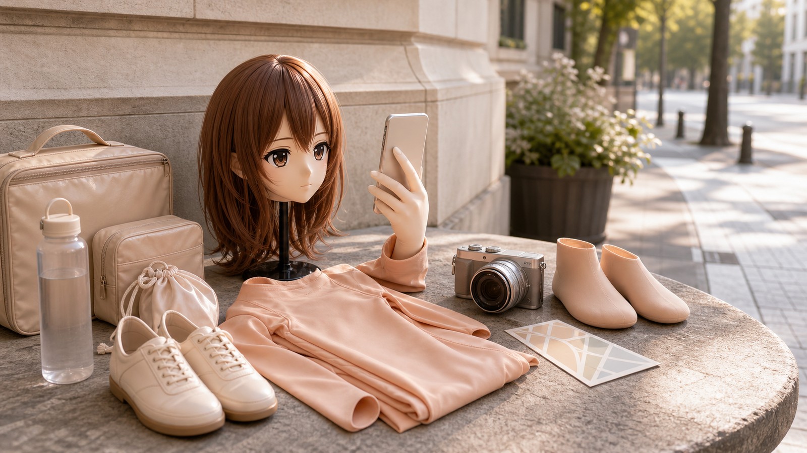 安静城市街角的造型台上摆放 animegao 头壳、Kig 皮、舒适鞋、五指布手手机、相机、规划页和补水瓶。