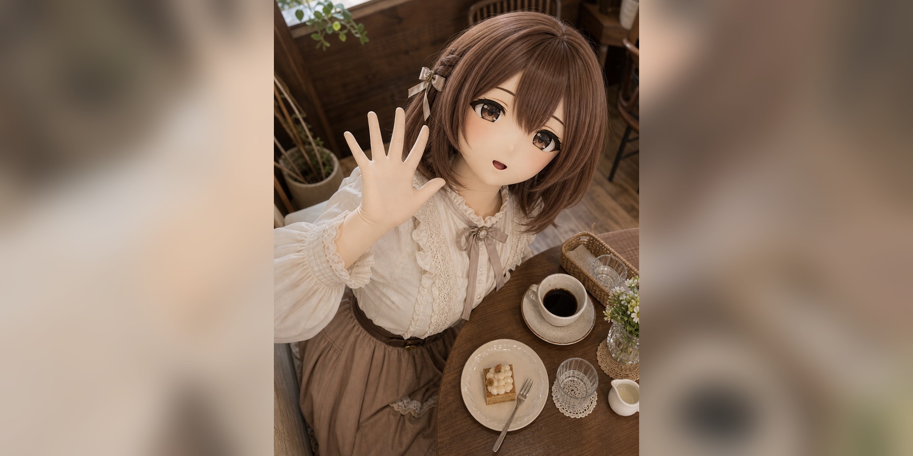 原创 Kig/animegao 表演者在暖色咖啡店场景中伸手互动