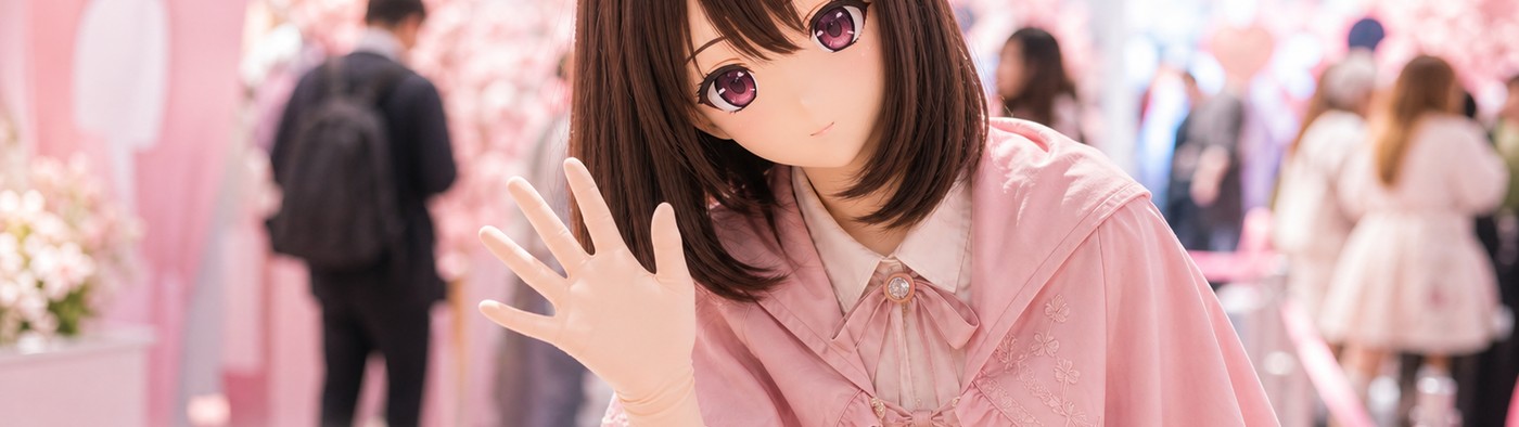 粉色活动现场中的原创 animegao/Kigurumi 互动者，穿着完整服装并以布手挥手回应观众，用于互动节奏与现场表现测试视觉