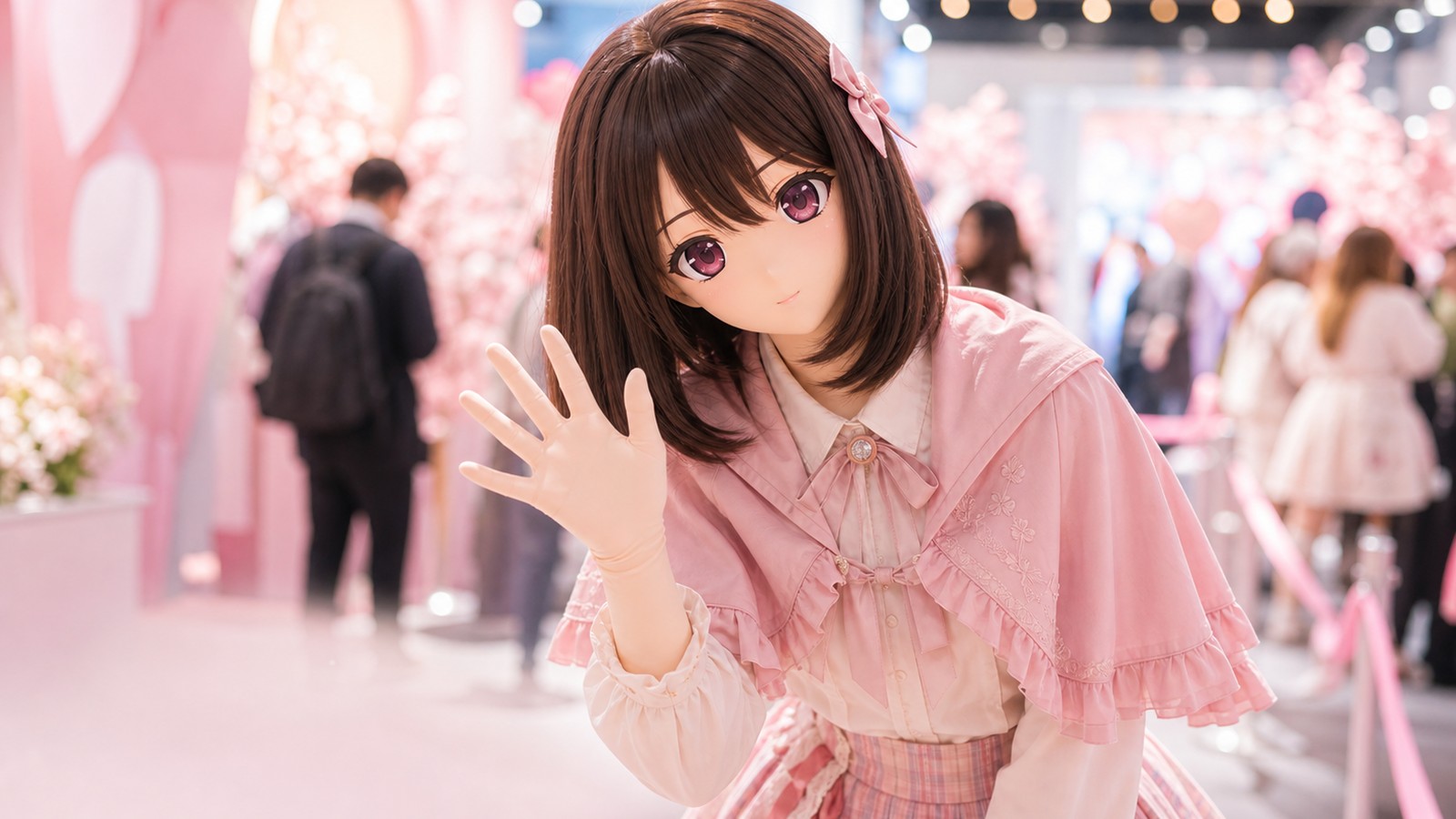 粉色活动现场中的原创 animegao/Kigurumi 互动者，穿着完整服装并以布手挥手回应观众，用于互动节奏与现场表现测试视觉