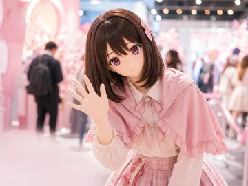 粉色活动现场中的原创 animegao/Kigurumi 互动者，穿着完整服装并以布手挥手回应观众，用于互动节奏与现场表现测试视觉