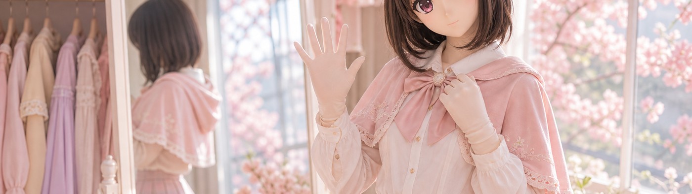 镜前试装间中的原创 animegao/Kigurumi 角色,穿着完整上衣、裙装和披肩,在镜前挥手做同步校准,用于 Kigurumi 同步率测试视觉