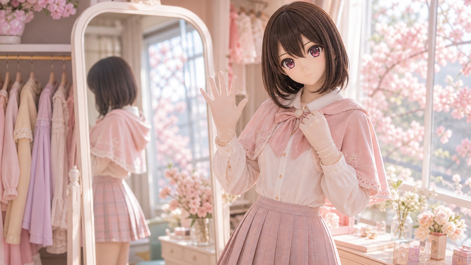 镜前试装间中的原创 animegao/Kigurumi 角色，穿着完整上衣、裙装和披肩，在镜前挥手做同步校准，用于 Kigurumi 同步率测试视觉