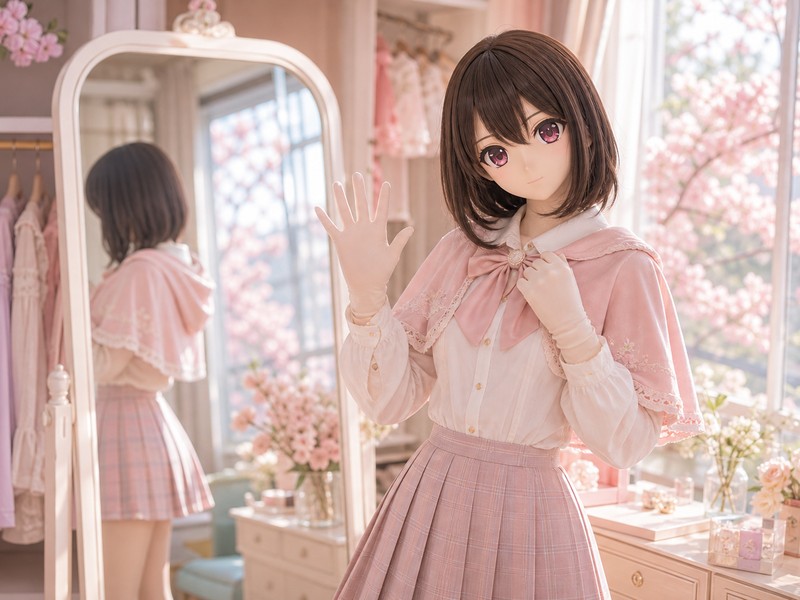 镜前试装间中的原创 animegao/Kigurumi 角色，穿着完整上衣、裙装和披肩，在镜前挥手做同步校准，用于 Kigurumi 同步率测试视觉