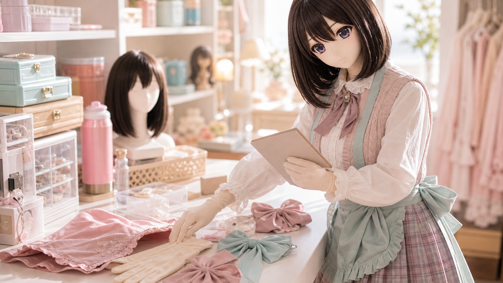 后台整理桌旁的原创 animegao/Kigurumi 协作角色，穿着完整围裙与裙装，整理手套、披肩和空白流程板，用于后勤协作测试视觉