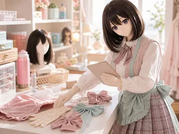 后台整理桌旁的原创 animegao/Kigurumi 协作角色，穿着完整围裙与裙装，整理手套、披肩和空白流程板，用于后勤协作测试视觉