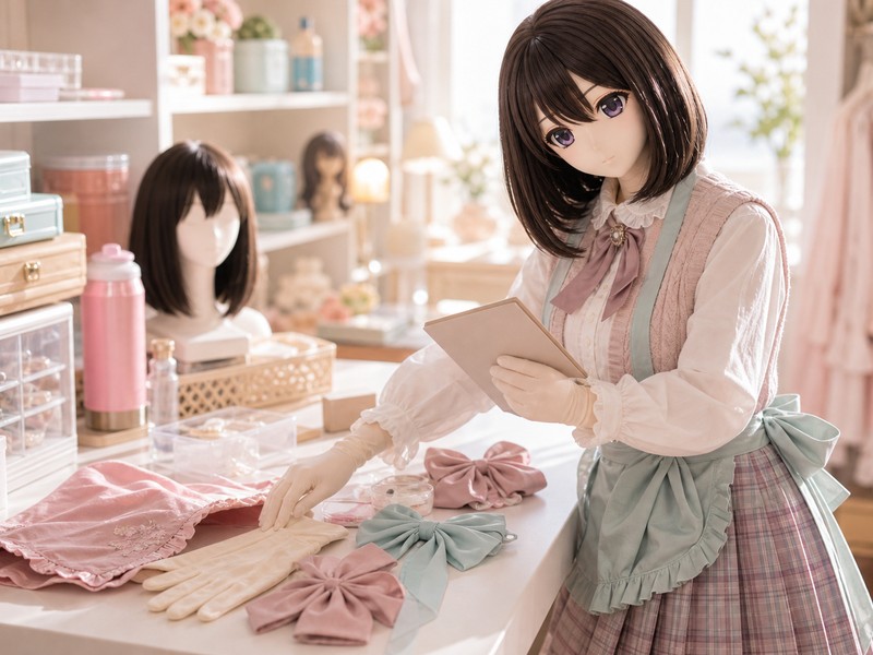 后台整理桌旁的原创 animegao/Kigurumi 协作角色，穿着完整围裙与裙装，整理手套、披肩和空白流程板，用于后勤协作测试视觉