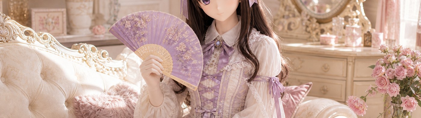 复古茶会房间中的原创 animegao/Kigurumi 气质角色，穿着完整 Lolita 层次服装并手持折扇，用于气质风格测试视觉