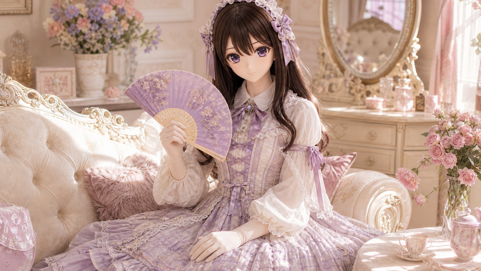 复古茶会房间中的原创 animegao/Kigurumi 气质角色，穿着完整 Lolita 层次服装并手持折扇，用于气质风格测试视觉