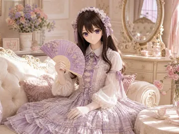 复古茶会房间中的原创 animegao/Kigurumi 气质角色，穿着完整 Lolita 层次服装并手持折扇，用于气质风格测试视觉