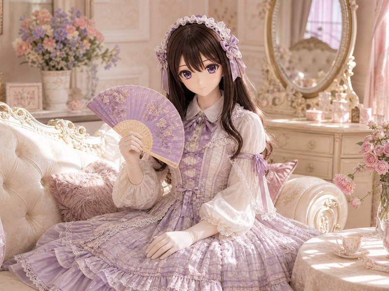 复古茶会房间中的原创 animegao/Kigurumi 气质角色，穿着完整 Lolita 层次服装并手持折扇，用于气质风格测试视觉